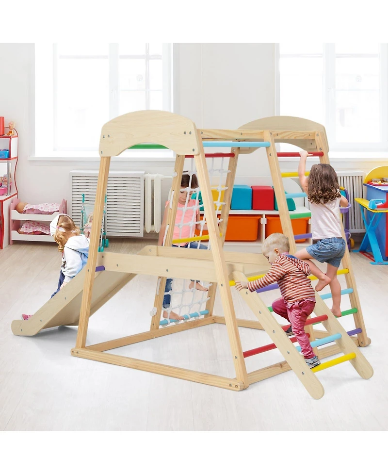 6-in-1 Indoor Jungle Gym Kids Wooden Playground with Monkey Bars
