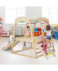 6-in-1 Indoor Jungle Gym Kids Wooden Playground with Monkey Bars