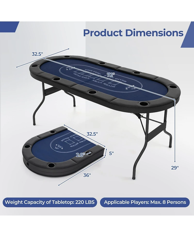 72 Inch Foldable Poker Table for 8 Players Portable Oval Card Board Game Table