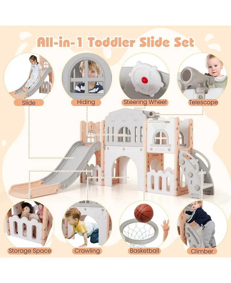 All-in-1 Toddler Slide Playset Playground with Tunnel and Ladder and Basketball