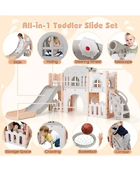All-in-1 Toddler Slide Playset Playground with Tunnel and Ladder and Basketball