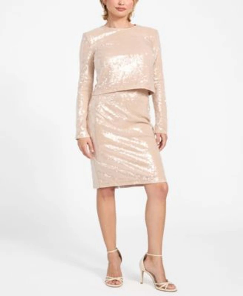 Guess Womens Lavinia Sequin Long Sleeve Sequin Top Pencil Skirt