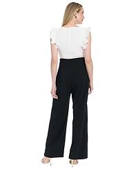 London Times Women's Pleated Ruffle Sleeve Mixed Media Jumpsuit