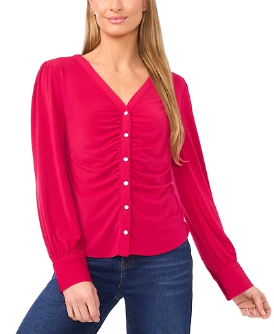 CeCe Women's V-Neck Long-Sleeve Shirred Knit Top