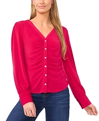 CeCe Women's V-Neck Long-Sleeve Shirred Knit Top