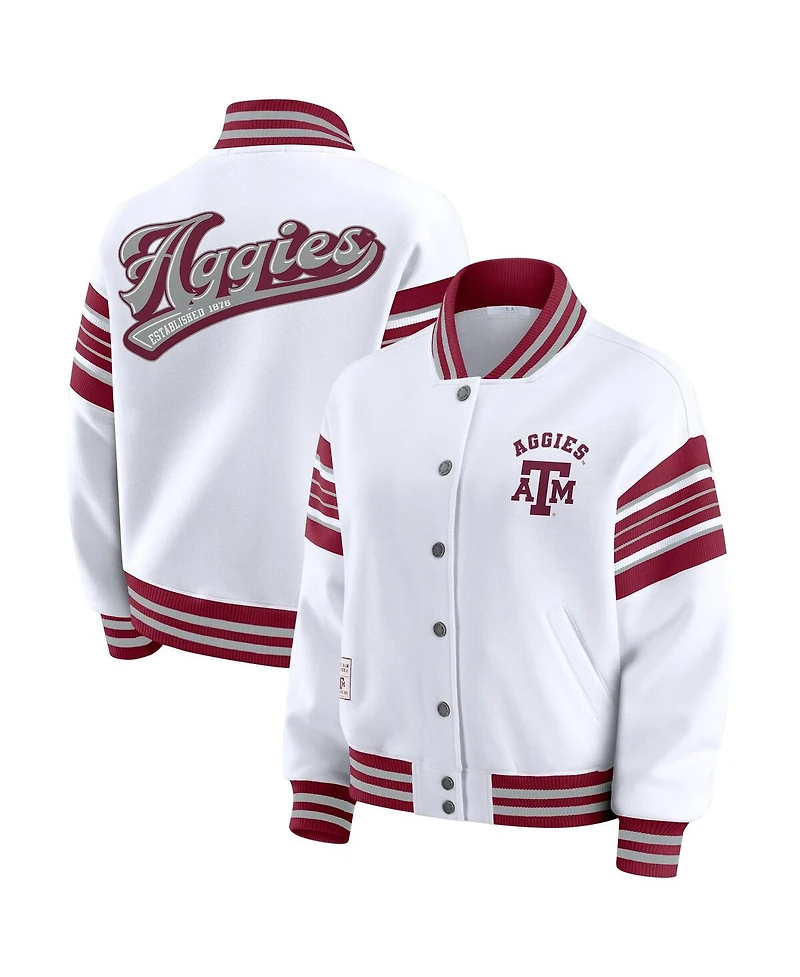 Wear by Erin Andrews Women's White/Maroon Texas A&M Aggies Satin Stitch Full-Snap Fleece Sweatshirt Jacket
