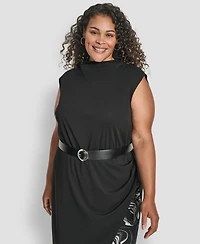 Dkny Plus Size Sleeveless Funnel Neck Belted Midi Dress