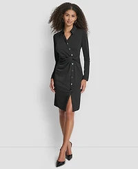 Dkny Women's Long Sleeve Asymmetrical Knot Button Front Sheath Dress