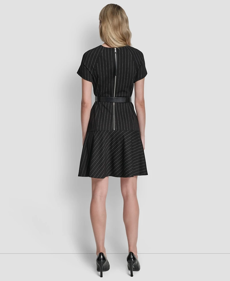 Dkny Women's Short Sleeve Jewel Neck Flounce Hem Dress