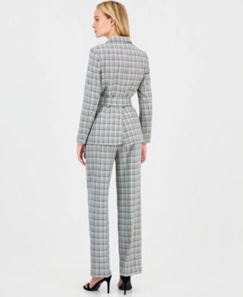 Anne Klein Womens Belted Notch Collar Long Sleeve Jacket Printed Mid Rise Pants