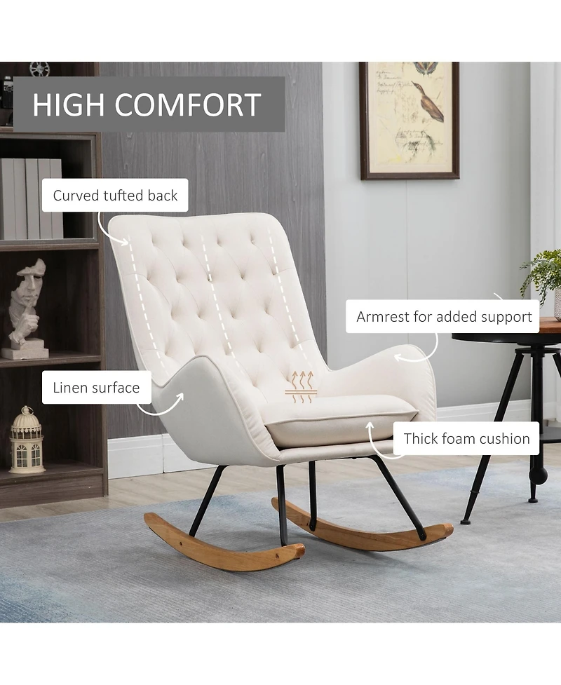 Homcom Traditional Rocking Armchair w/Tufted Back, & Thick Padding, Cream White