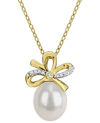 Macy's Cultured Freshwater Pearl (9-10mm) & White Sapphire Bow Pendant Necklace (1/10 ct. t.w.) in 18k Gold Flash Plated Sterling Silver