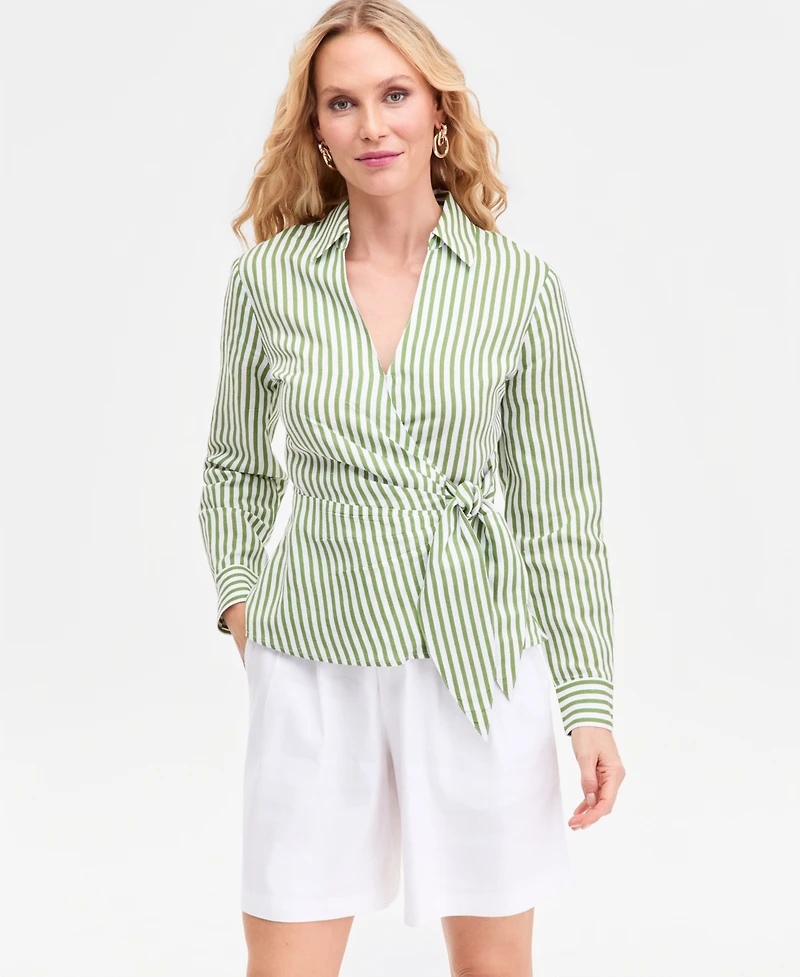 I.n.c. International Concepts Women's Striped Collared Wrap Shirt, Macy's Exclusive