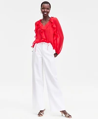 I.n.c. International Concepts Women's Ruffle-Trim V-Neck Blouse, Macy's Exclusive