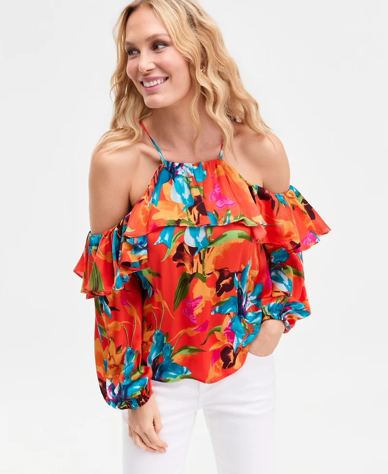 I.n.c. International Concepts Women's Printed Ruffled Cold-Shoulder Top, Macy's Exclusive