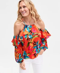 I.n.c. International Concepts Women's Printed Ruffled Cold-Shoulder Top, Macy's Exclusive