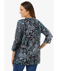 Woman Within Women's Perfect Printed Three-Quarter Sleeve V-Neck Tee