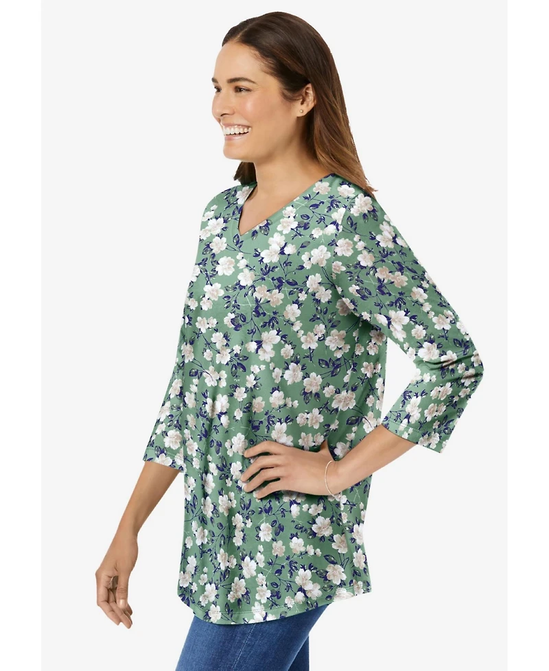 Woman Within Women's Perfect Printed Three-Quarter Sleeve V-Neck Tee