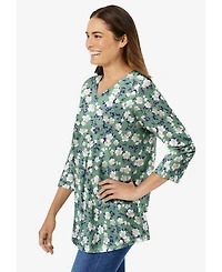 Woman Within Women's Perfect Printed Three-Quarter Sleeve V-Neck Tee