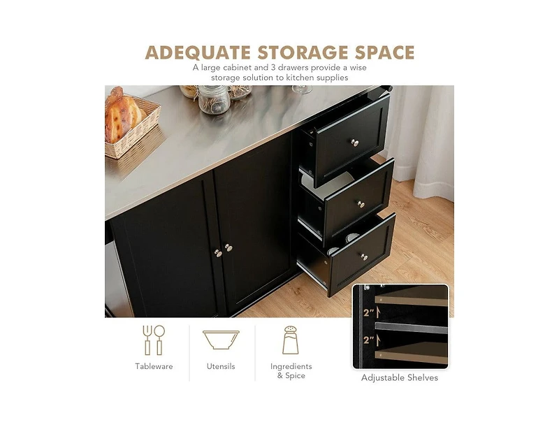Kitchen Island 2-Door Storage Cabinet with Drawers and Stainless Steel Top
