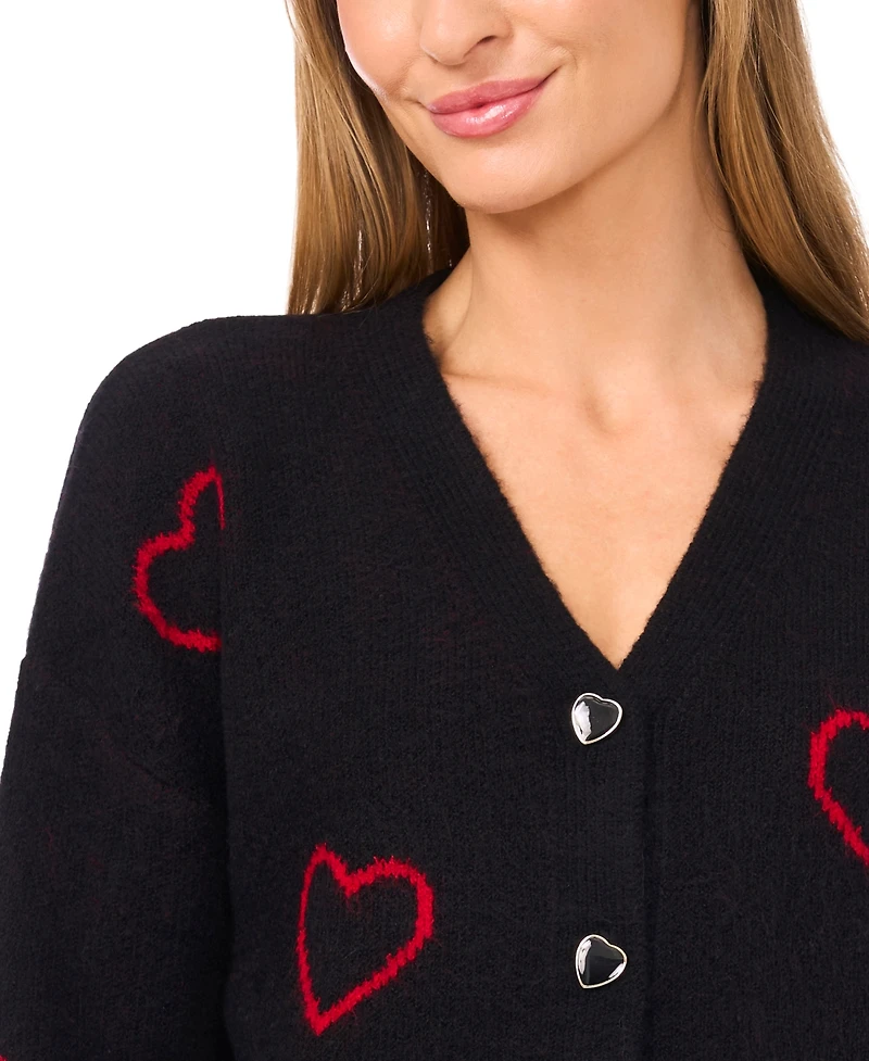 CeCe Women's V-Neck Heart Jacquard Cardigan Sweater