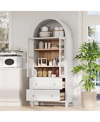 Casainc 71" Tall Arched Kitchen Pantry Cabinet with Glass Doors, Adjustable Shelves & 2 Large Drawers