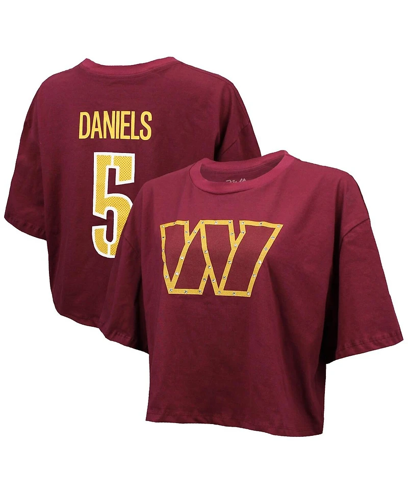 Majestic Threads Women's Jayden Daniels Burgundy Washington Commanders Swarovski Crystals Boxy Cropped Name Number T-Shirt