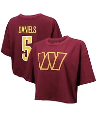 Majestic Threads Women's Jayden Daniels Burgundy Washington Commanders Swarovski Crystals Boxy Cropped Name Number T-Shirt