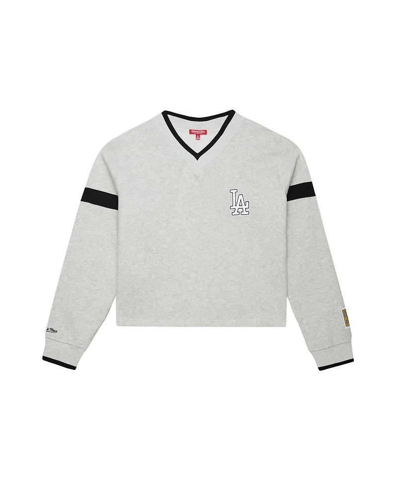 Mitchell & Ness Women's Heather Gray Los Angeles Dodgers Cooperstown Collection V-Neck Cropped Toggle Sweatshirt