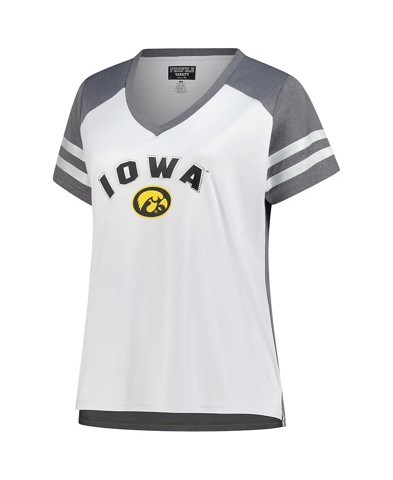 Fanatics Women's White Iowa Hawkeyes Plus Rhinestone Glitter Sleeve Stripe V-Neck T-Shirt