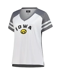 Fanatics Women's White Iowa Hawkeyes Plus Rhinestone Glitter Sleeve Stripe V-Neck T-Shirt