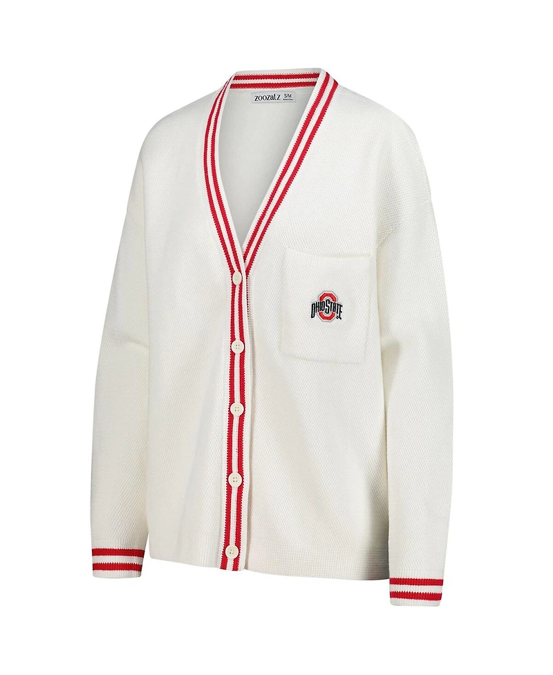 ZooZatz Women's Cream Ohio State Buckeyes Striped Knit Button-Up Cardigan