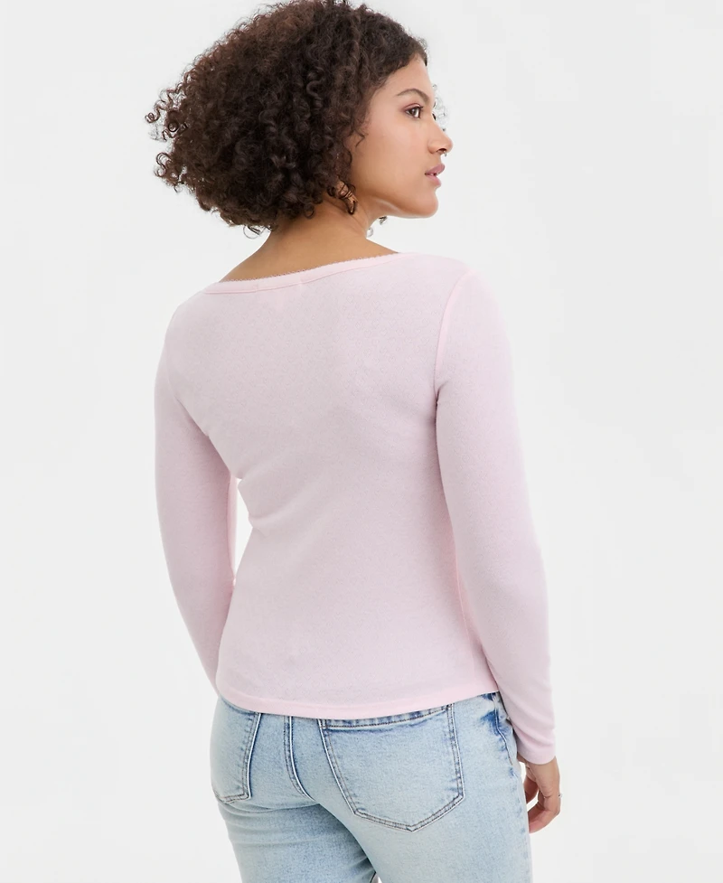 Hippie Rose Juniors' Picot-Trim Pointelle Cardigan Knit Long-Sleeve