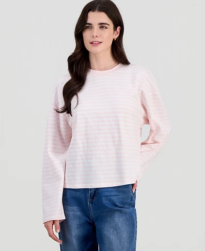 Hippie Rose Juniors' Oversized Striped Long-Sleeve Crewneck Tee