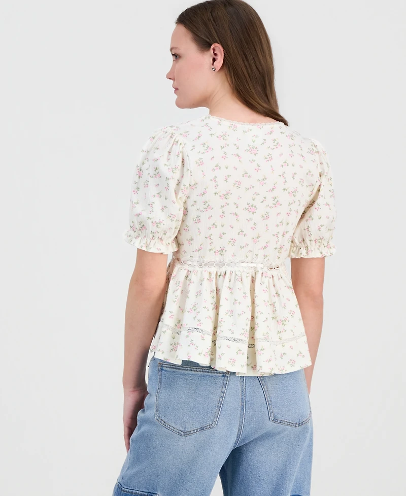 Tinseltown Juniors' Printed Puff-Sleeve Babydoll Top
