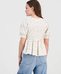 Tinseltown Juniors' Printed Puff-Sleeve Babydoll Top