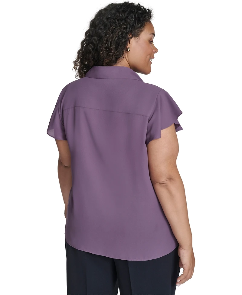 Calvin Klein Plus Solid Cap Sleeve Ruffle Front Top