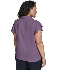 Calvin Klein Plus Solid Cap Sleeve Ruffle Front Top