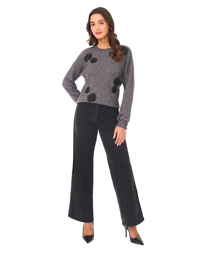 CeCe Women's Flower Applique Long Sleeves Sweater