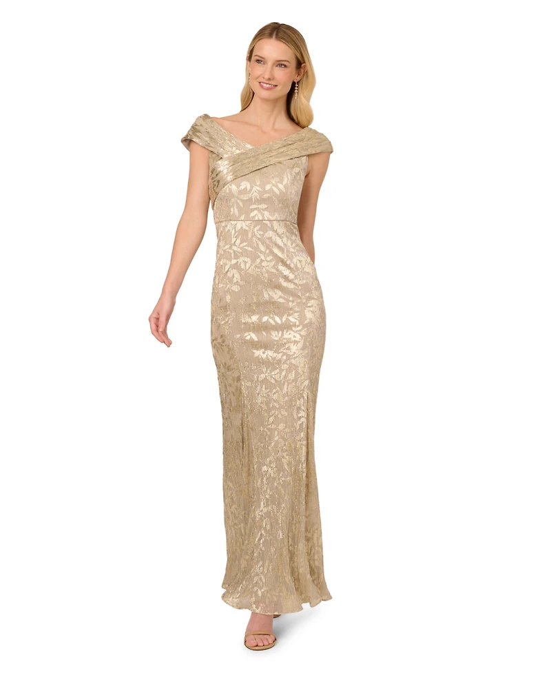 Adrianna Papell Women's Foil Leaf Mermaid Gown