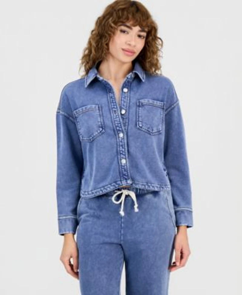 Now This Womens Faux Denim Knit Button Front Shacket Macys Exclusive