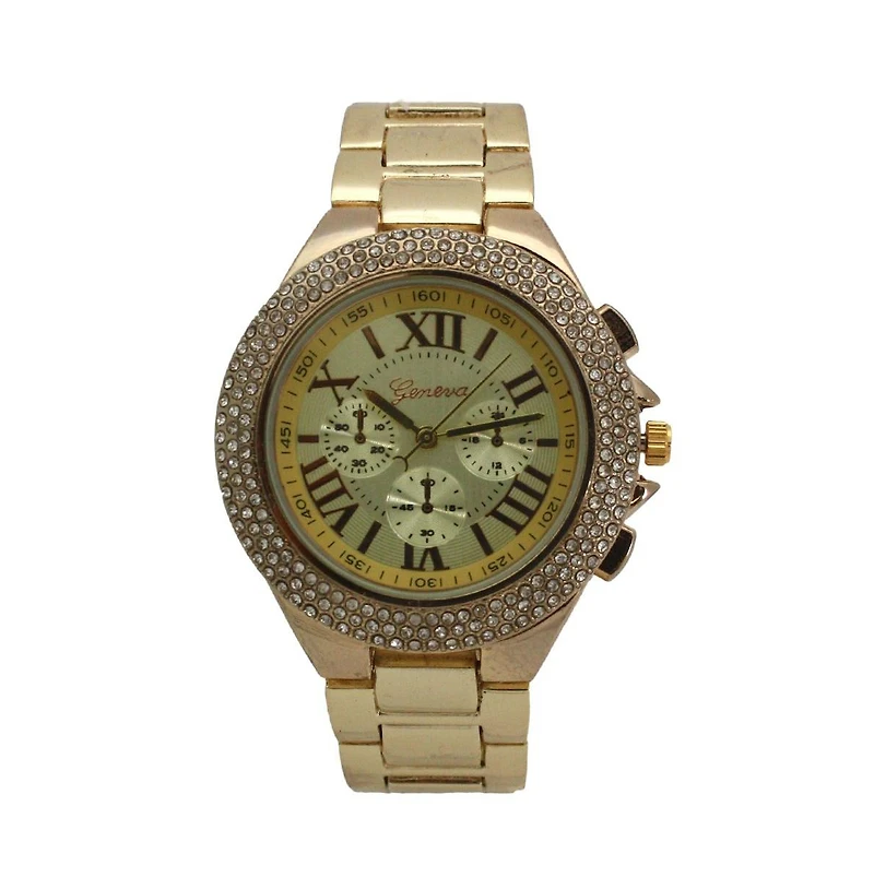 Gold Classy 3-Dial and Rhinestone Bezel Metal Watch