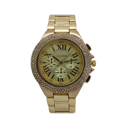 Gold Classy 3-Dial and Rhinestone Bezel Metal Watch