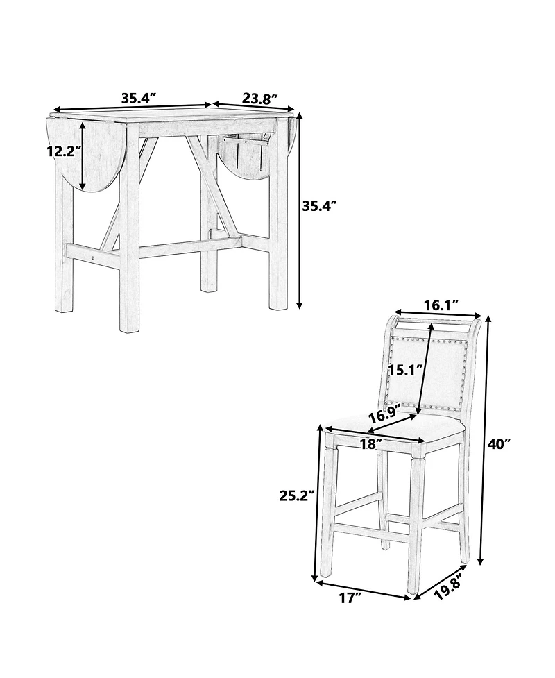 3-Piece Wood Counter Height Drop Leaf Dining Table Set with 2 Upholstered Dining Chairs for Small Place