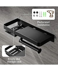 Paper Holder with Shelf - Comfor Room Paper Holder Wall Mount Roll Holder with Wipes Storage for Bathroom Stainless Steel Matte Black