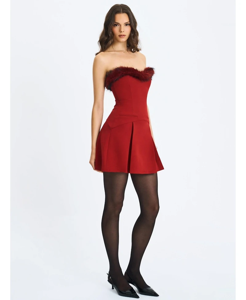 Miss Circle Women's Nalia Crimson Fur Trimmed Sweetheart Mini Dress