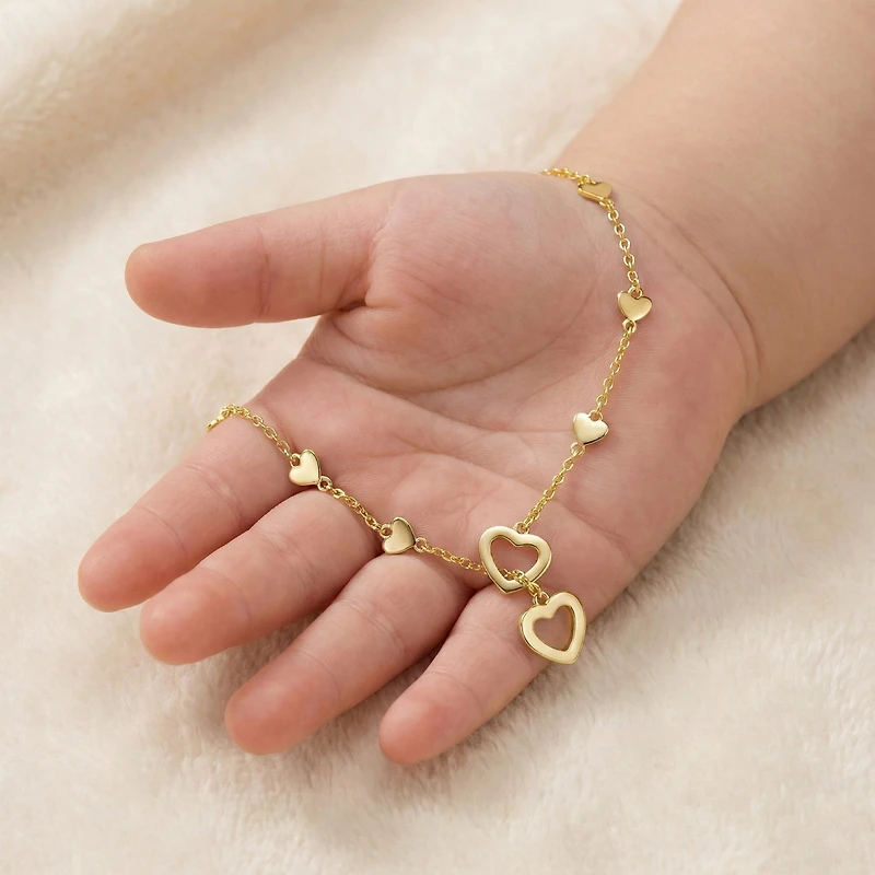 14K Gold Plated Double Halo Dangle & Red Heart Enamel Station Charm Bracelet, Adjustable