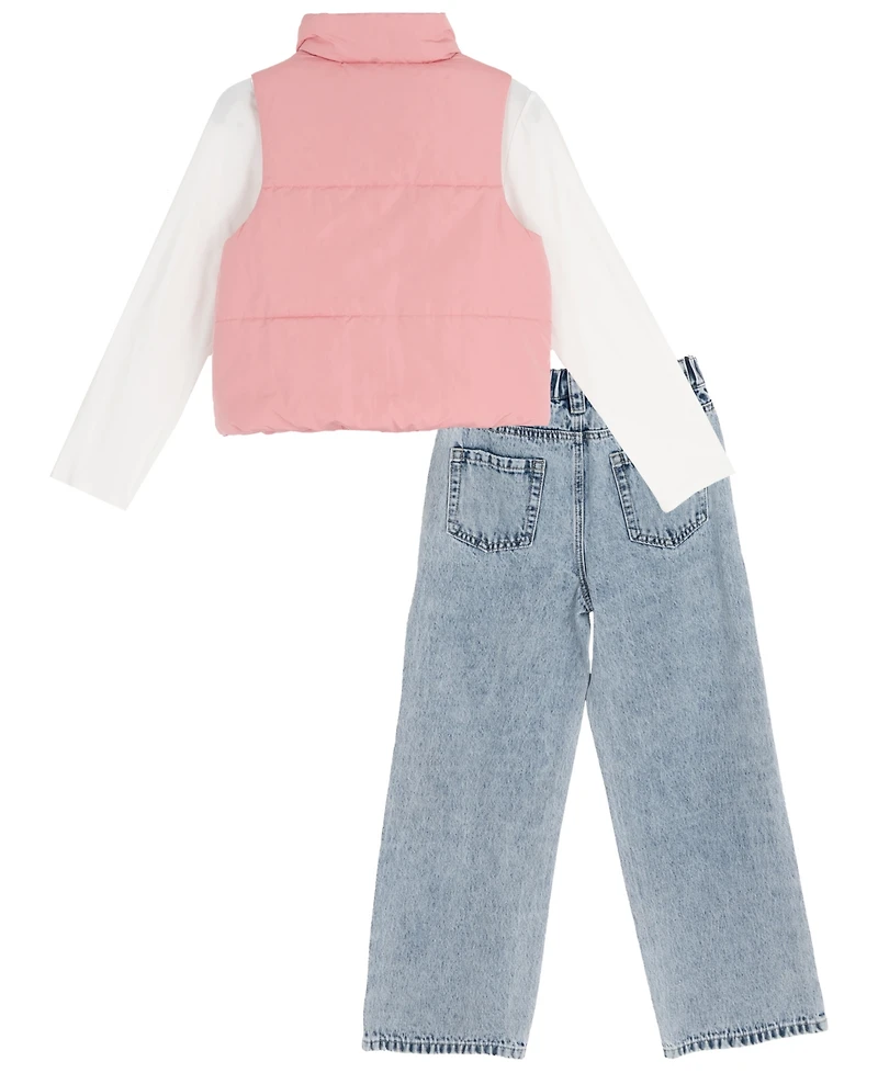 Rare Editions Girls 7-16 Puffer Vest, Graphic T-Shirt and Distressed Jeans, 3-Piece Set