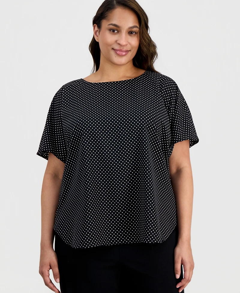 Anne Klein Plus Printed Boat-Neck Short-Sleeve Top