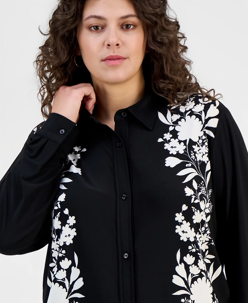 Anne Klein Plus Printed Long-Sleeve Blouse